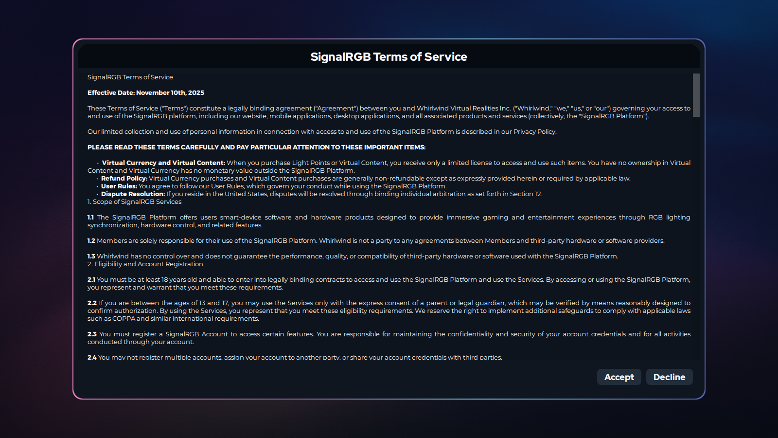 SignalRGB Terms of Service screen displayed on first launch