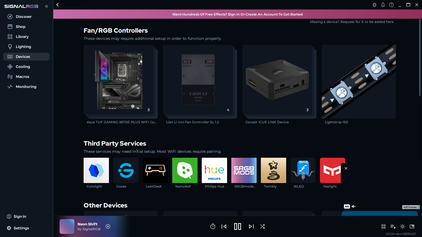 Devices tab showing unconfigured RGB controllers at the top of the list
