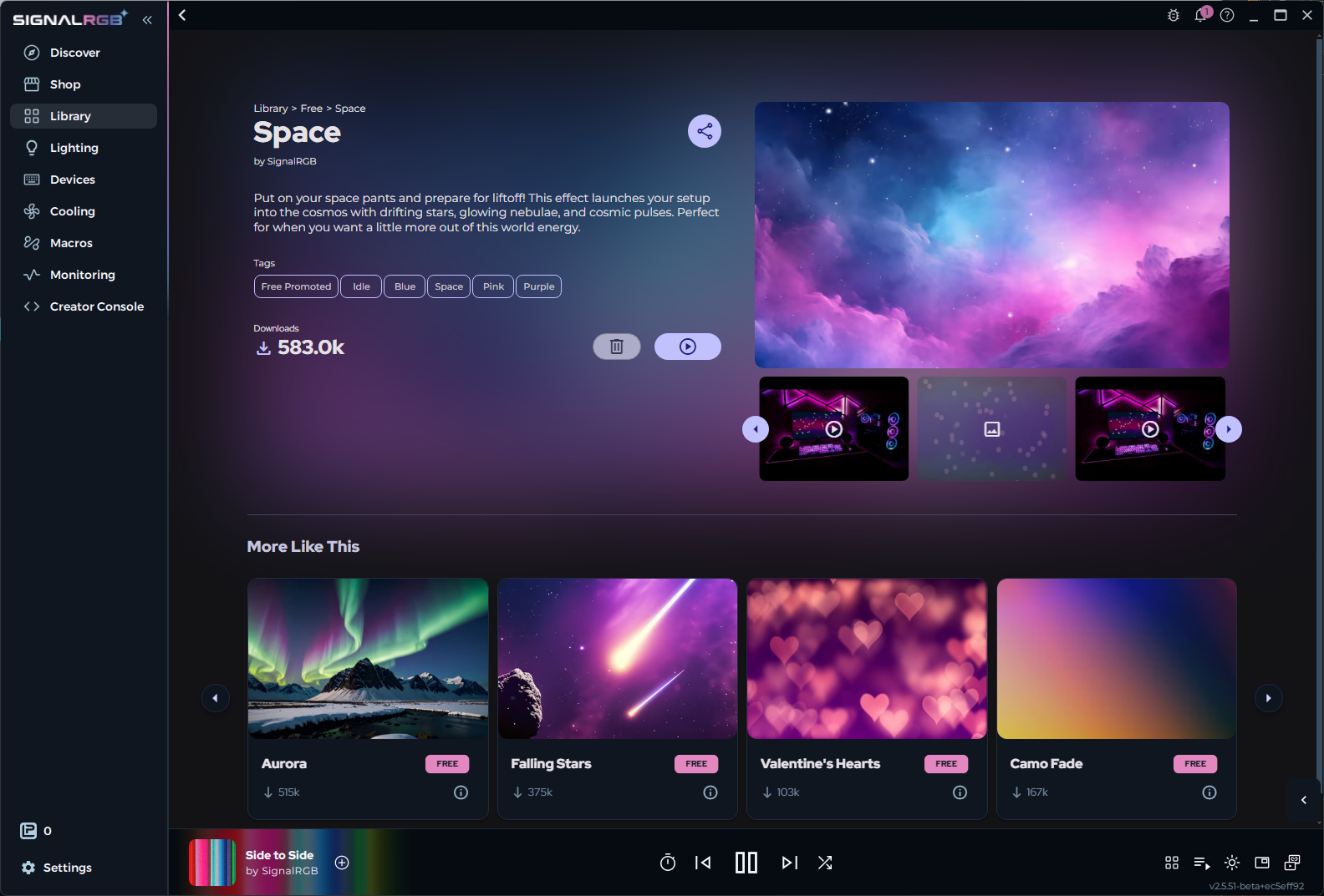 Space effect product page showing video preview and effect details