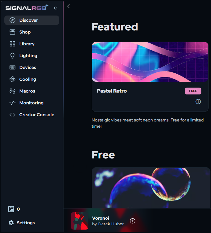 SignalRGB left navigation bar showing all major sections