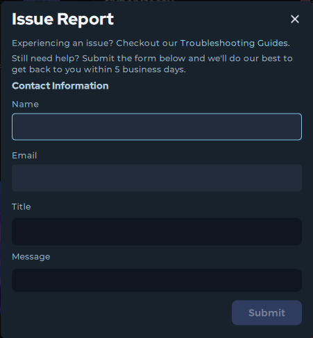 Report issues popout with options to submit a bug report