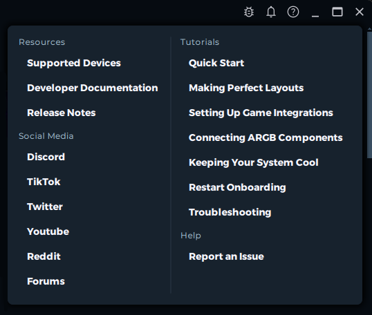 In-app help panel expanded showing links to documentation and support resources