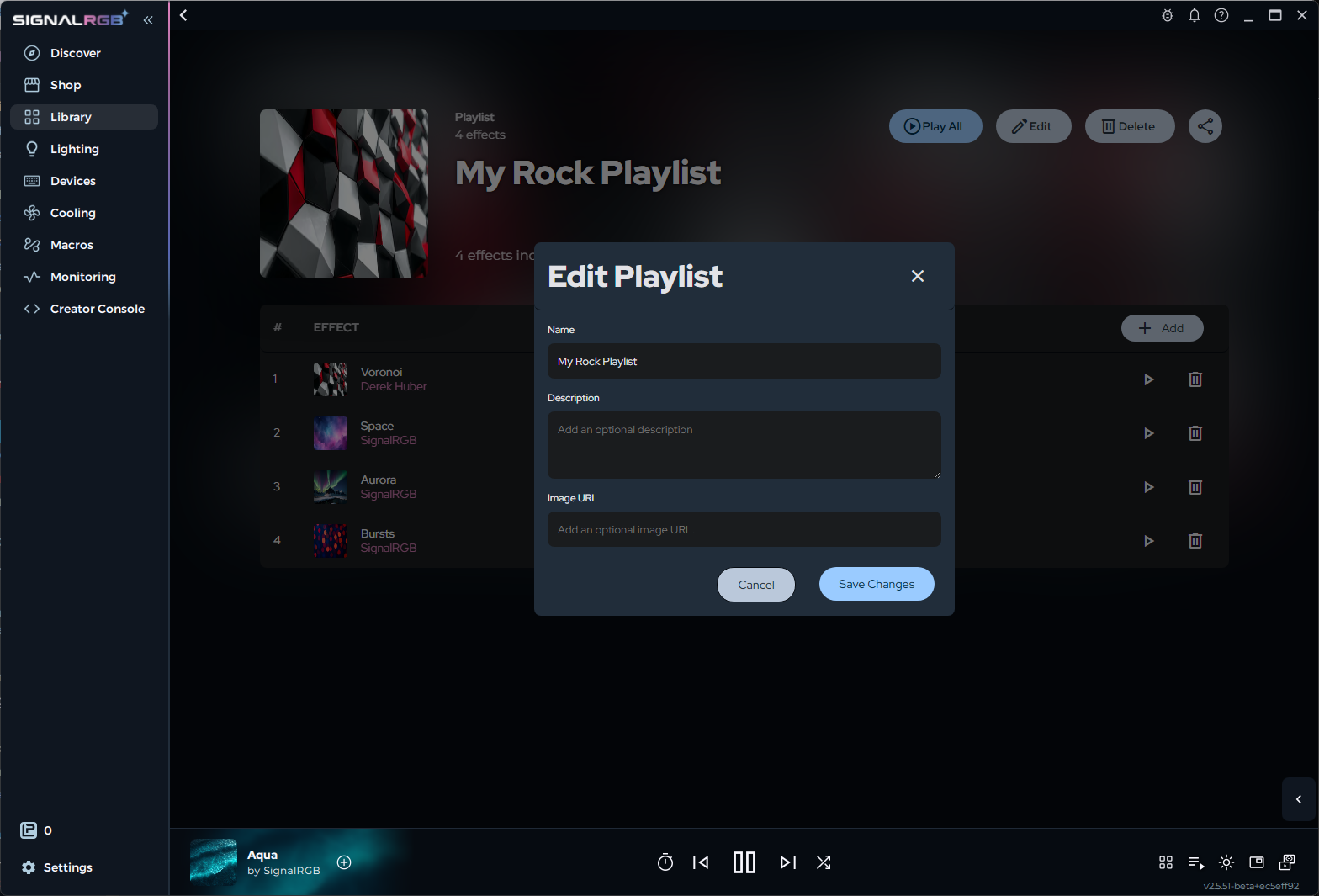Playlist settings showing name, description, and image URL fields
