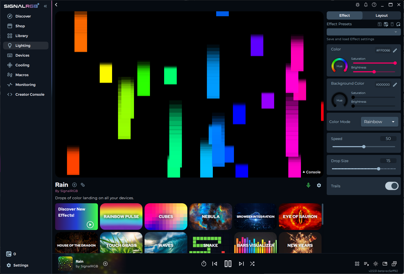 Customize Rain effect showing color and speed controls