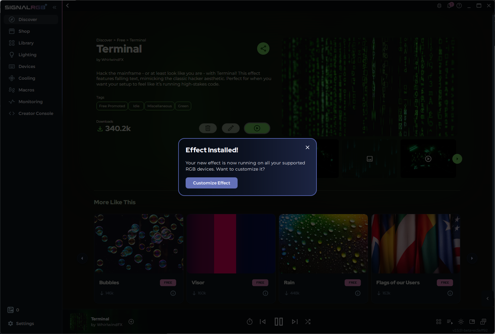 Effect installed and customize lighting page shown