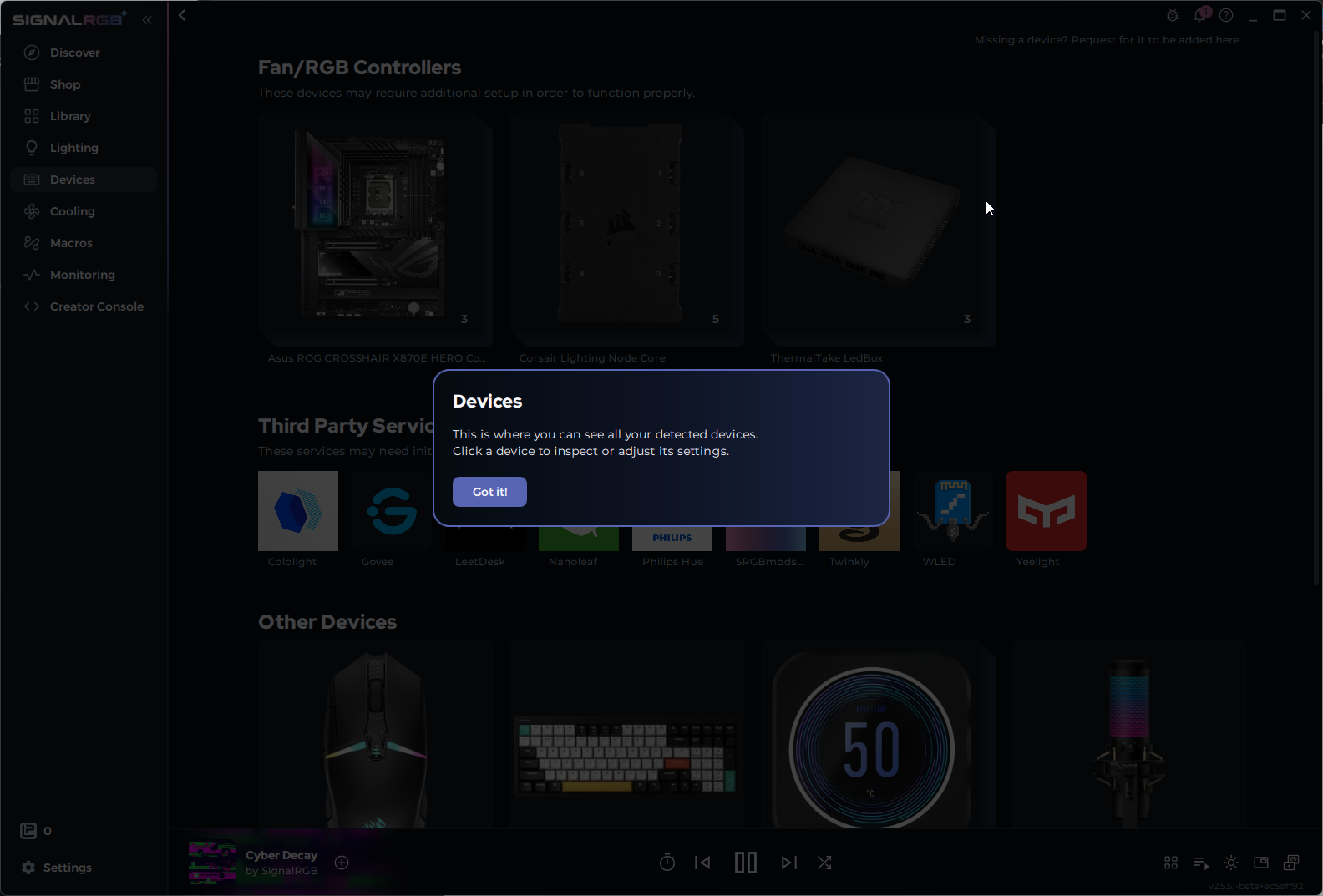 Devices page showing connected hardware