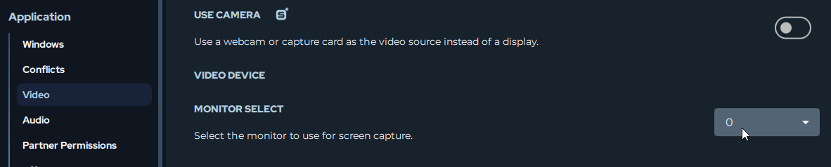 Settings > Application > Video showing Monitor Select dropdown