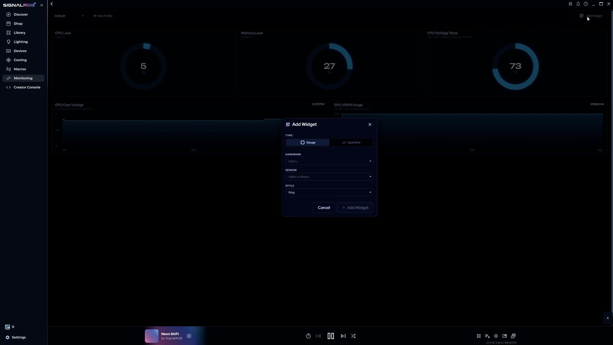 Add Widget menu with options for graph type, hardware, sensor, and style