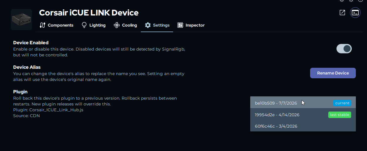 Device Settings tab with the Plugin section open and the version dropdown showing three plugin versions