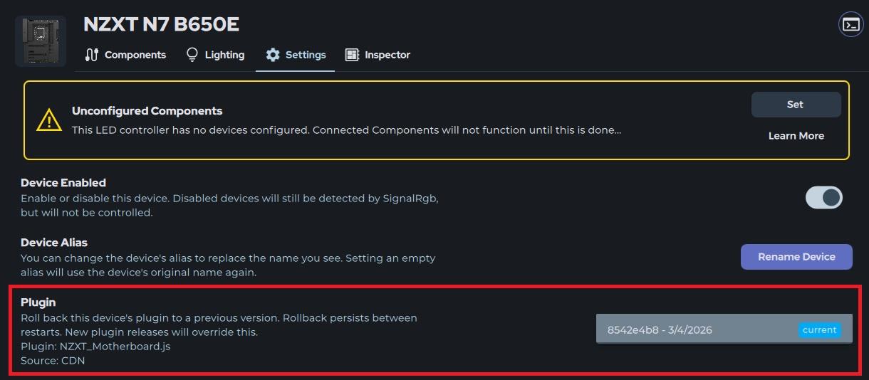 Plugin section highlighted in device settings, showing the loaded version's CRC hash and deployment date